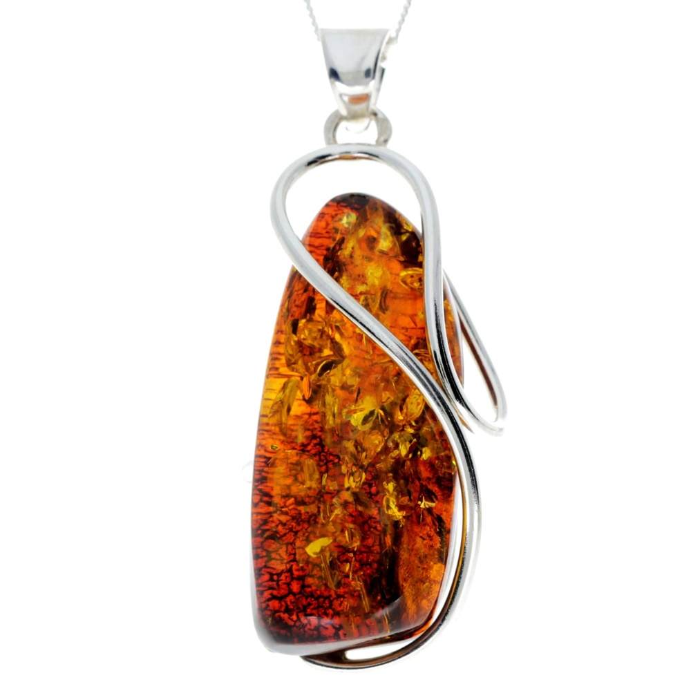 925 Sterling Silver & Genuine Cognac Baltic Amber Exlusive Unique Pendant - PD2264