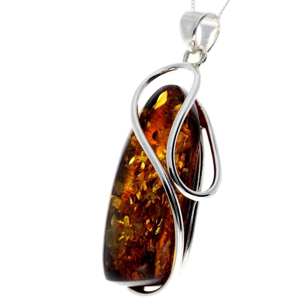 925 Sterling Silver & Genuine Cognac Baltic Amber Exlusive Unique Pendant - PD2264