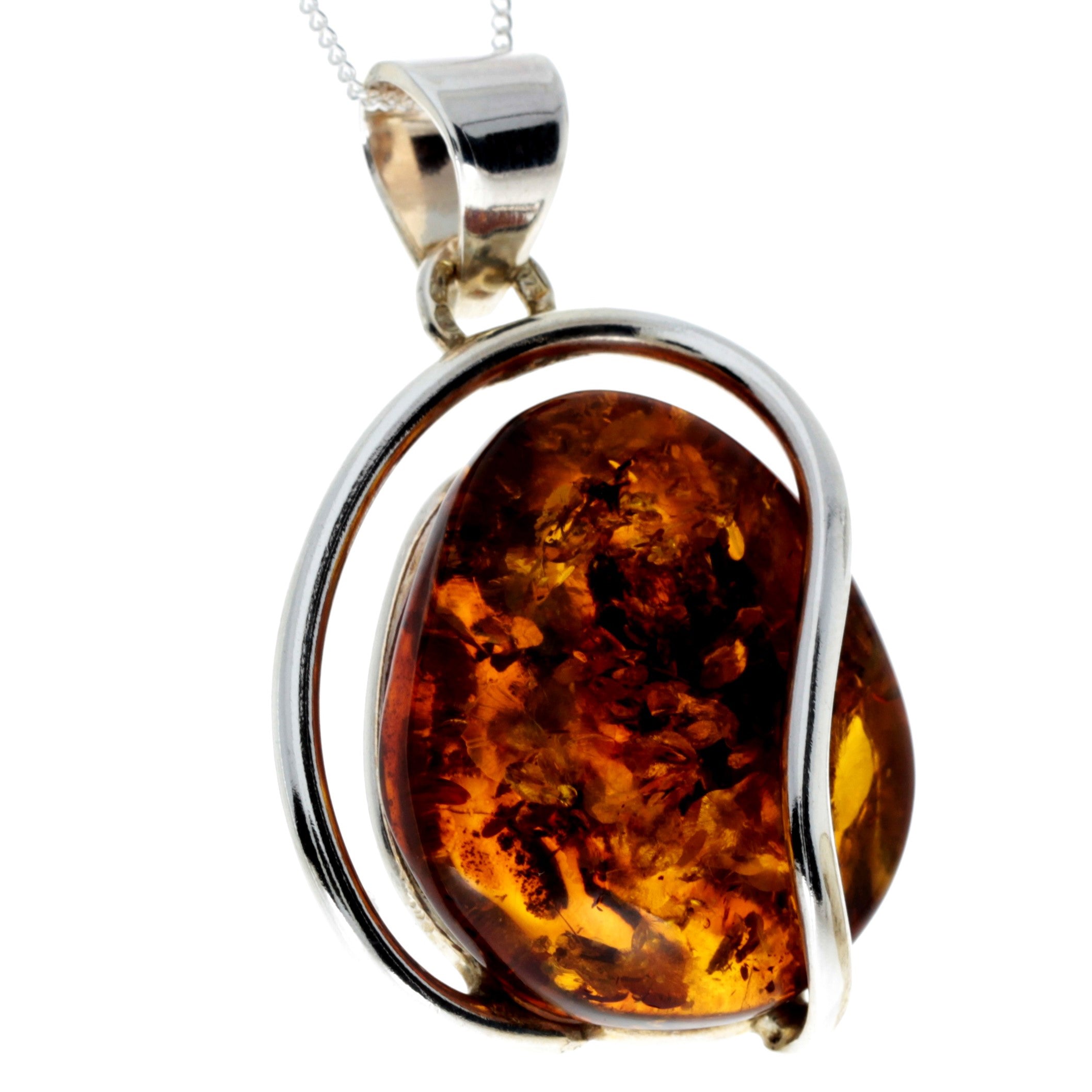 925 Sterling Silver & Genuine Cognac Baltic Amber Exlusive Unique Pendant - PD2265