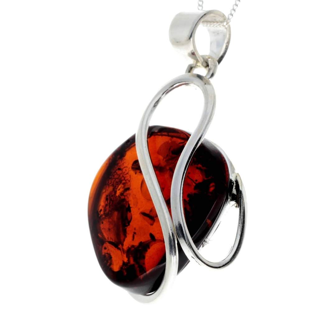 925 Sterling Silver & Genuine Cognac Baltic Amber Exlusive Unique Pendant - PD2266