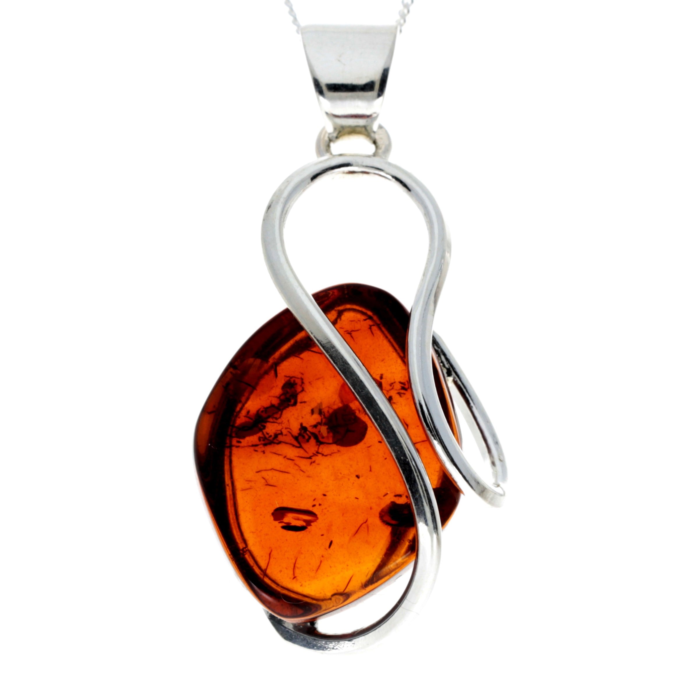 925 Sterling Silver & Genuine Cognac Baltic Amber Exlusive Unique Pendant - PD2267