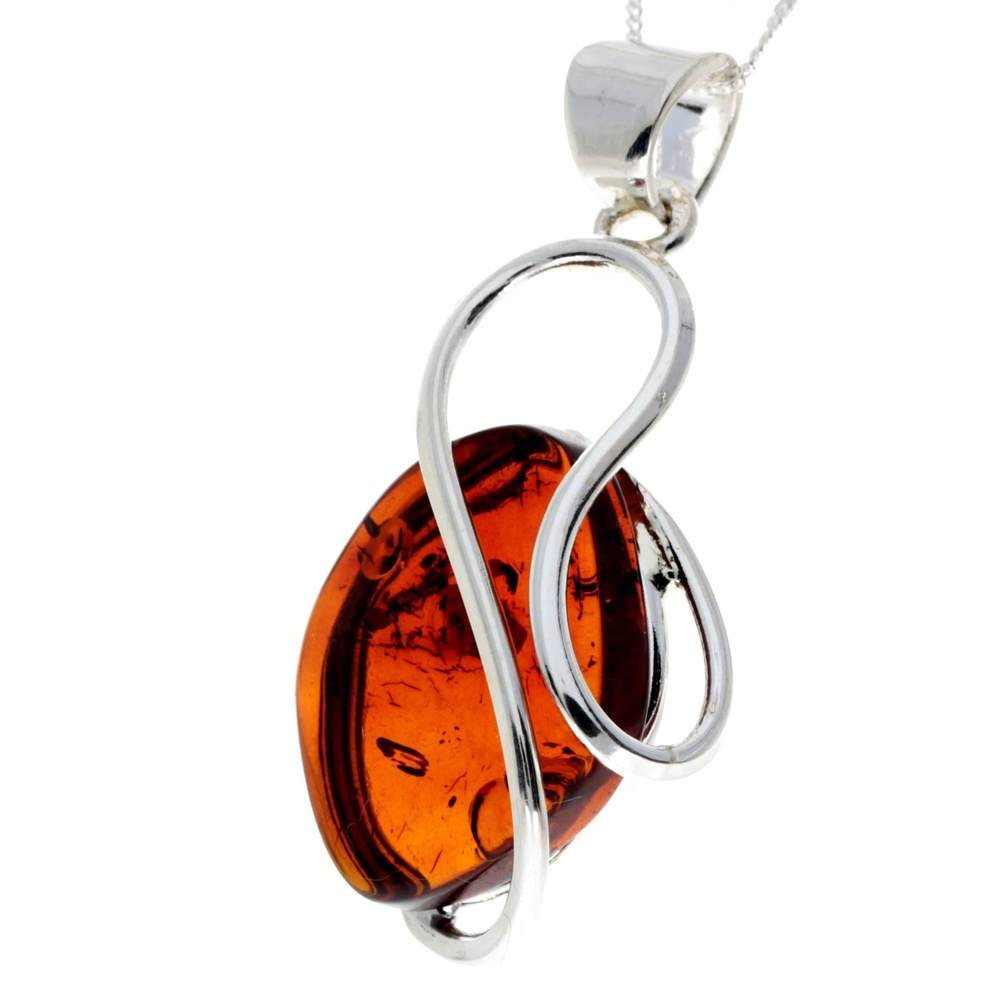 925 Sterling Silver & Genuine Cognac Baltic Amber Exlusive Unique Pendant - PD2267