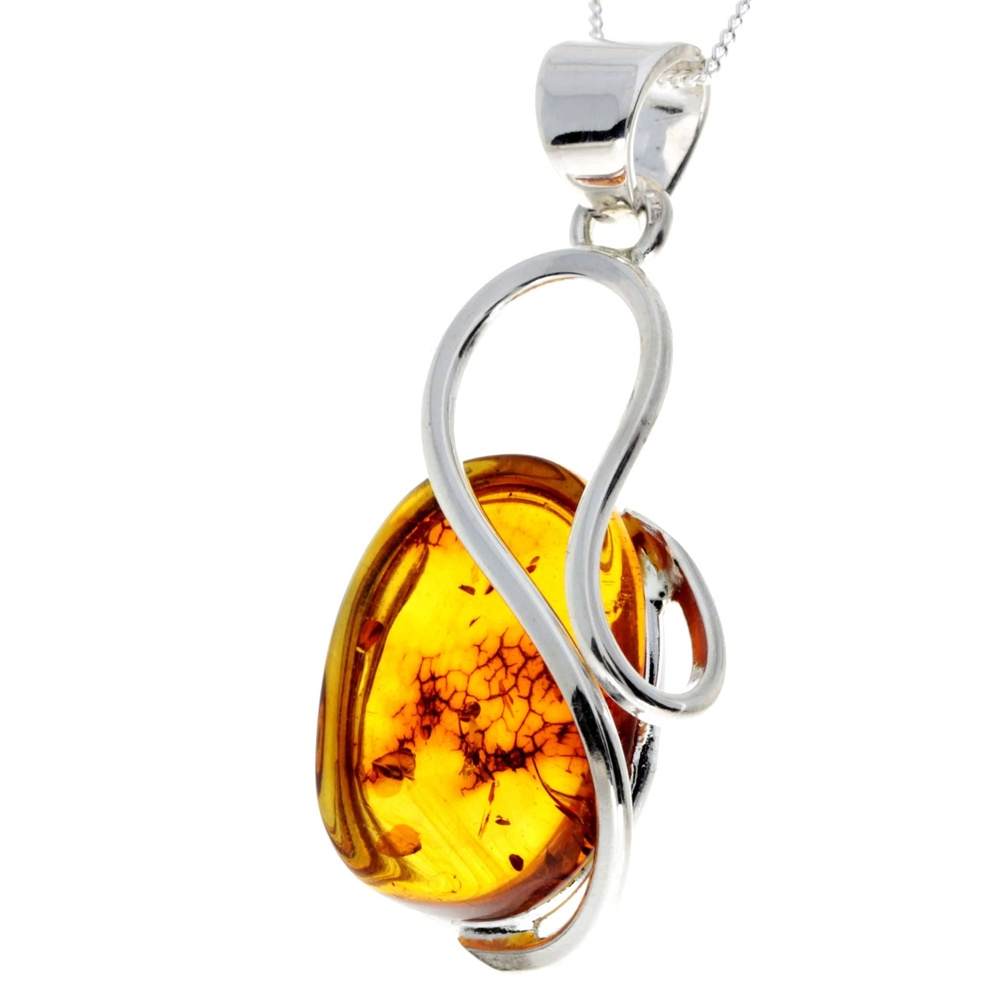 925 Sterling Silver & Genuine Cognac Baltic Amber Exlusive Unique Pendant - PD2269