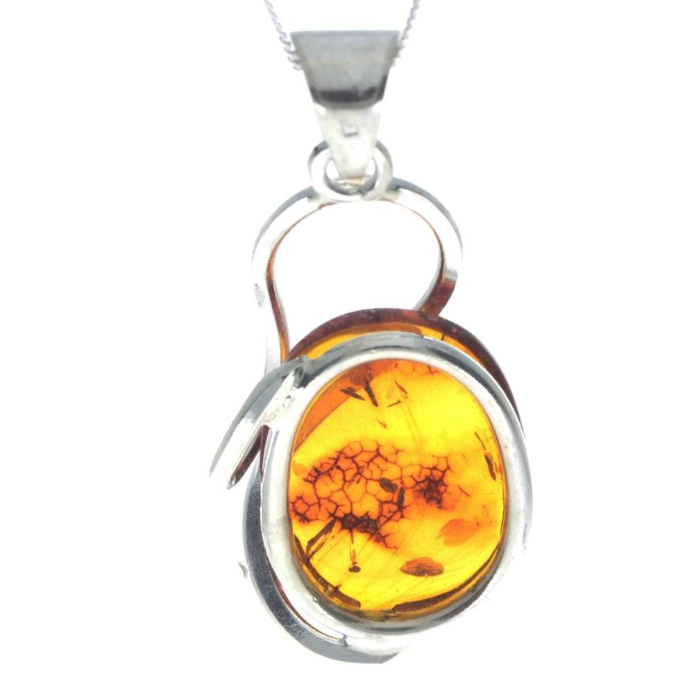 925 Sterling Silver & Genuine Cognac Baltic Amber Exlusive Unique Pendant - PD2269