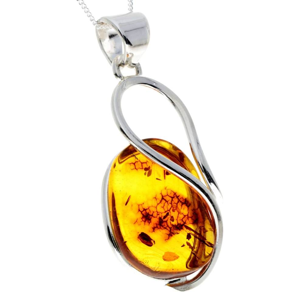 925 Sterling Silver & Genuine Cognac Baltic Amber Exlusive Unique Pendant - PD2269