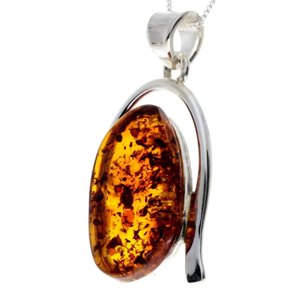 925 Sterling Silver & Genuine Cognac Baltic Amber Exlusive Unique Pendant - PD2271