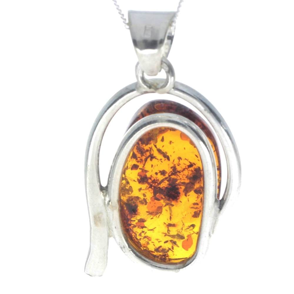 925 Sterling Silver & Genuine Cognac Baltic Amber Exlusive Unique Pendant - PD2271