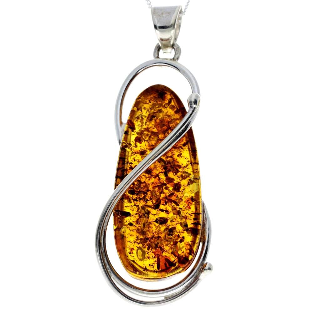 925 Sterling Silver & Genuine Cognac Baltic Amber Exlusive Unique Pendant - PD2273