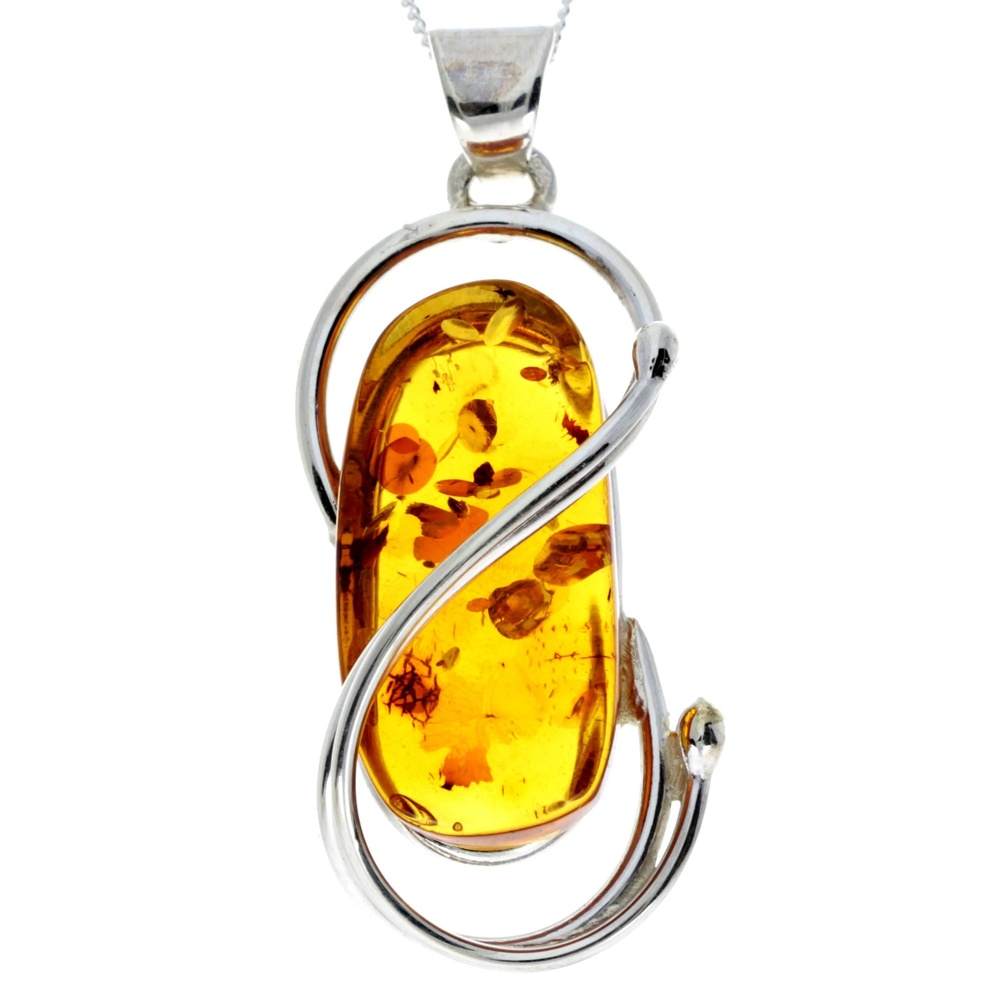 925 Sterling Silver & Genuine Cognac Baltic Amber Exlusive Unique Pendant - PD2275