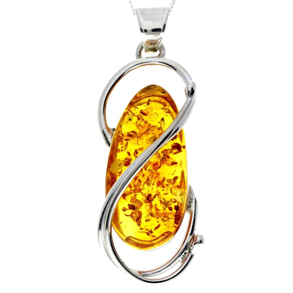 925 Sterling Silver & Genuine Cognac Baltic Amber Exlusive Unique Pendant - PD2276