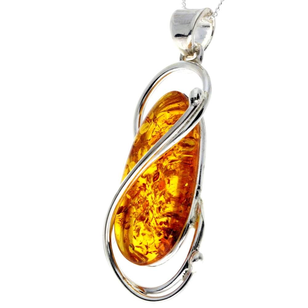 925 Sterling Silver & Genuine Cognac Baltic Amber Exlusive Unique Pendant - PD2276