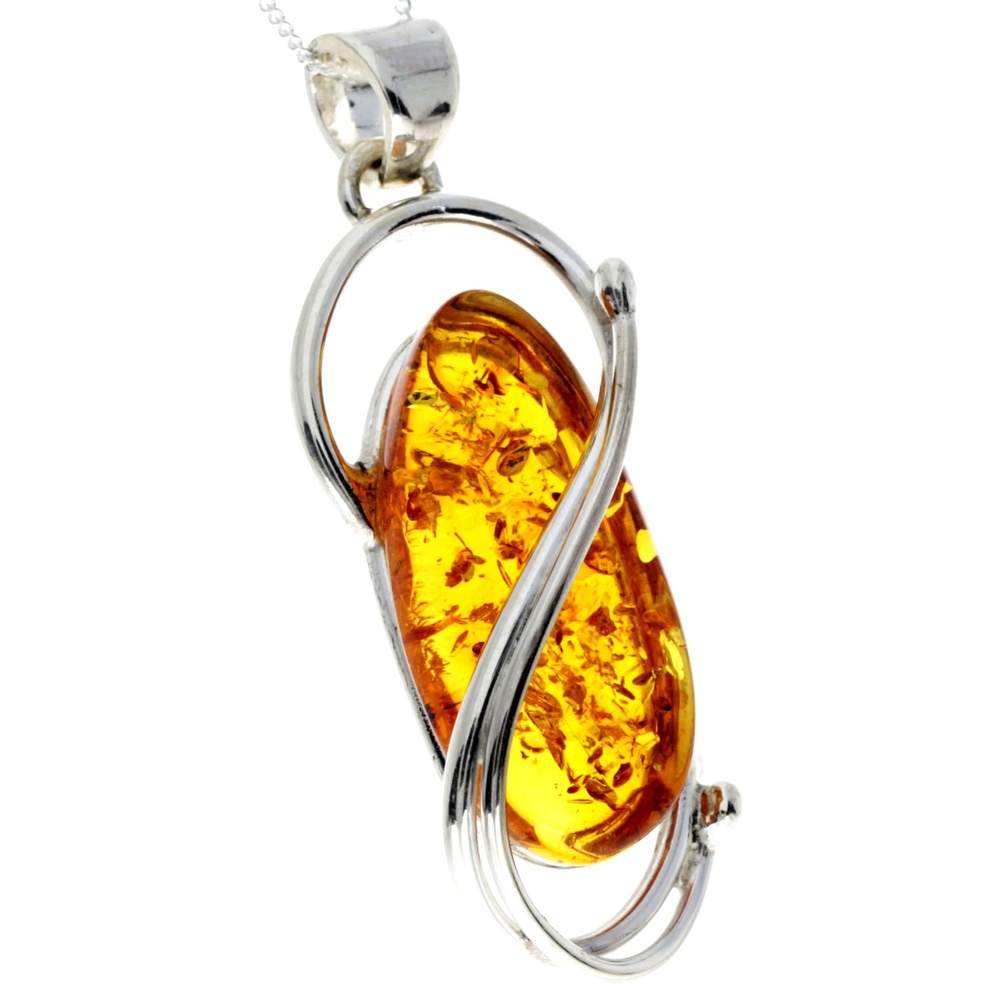 925 Sterling Silver & Genuine Cognac Baltic Amber Exlusive Unique Pendant - PD2276