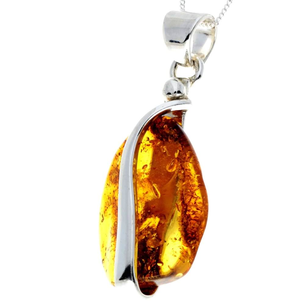 925 Sterling Silver & Genuine Cognac Baltic Amber Exlusive Unique Pendant - PD2295