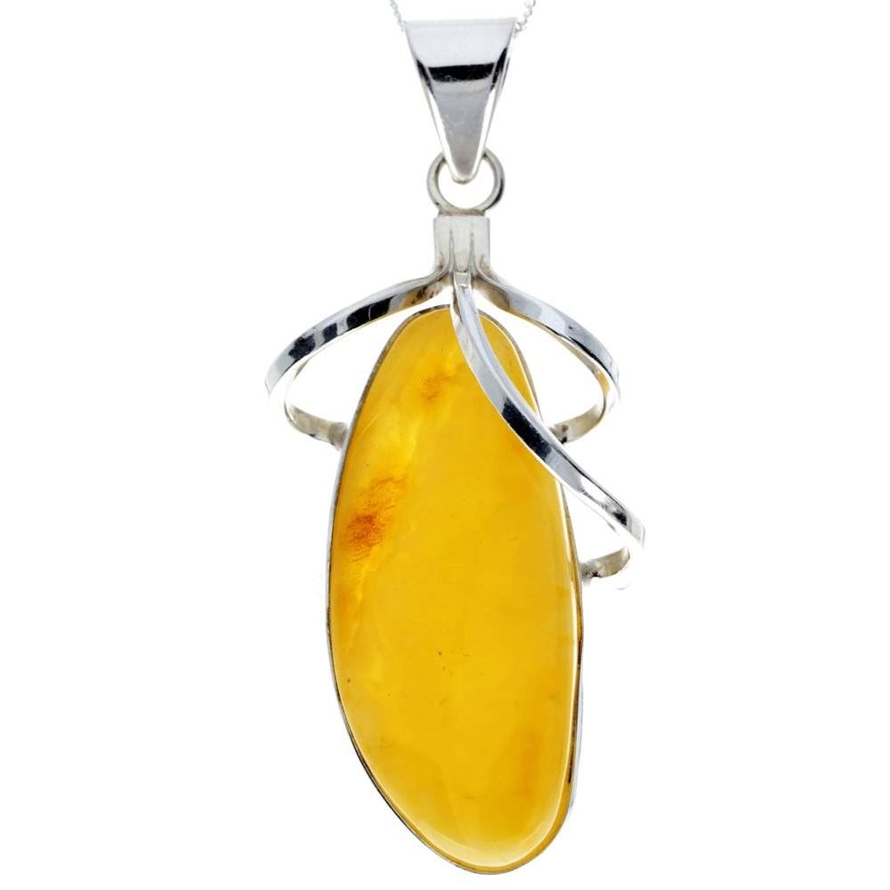 925 Sterling Silver & Genuine Lemon Baltic Amber Exlusive Unique Pendant - PD2300