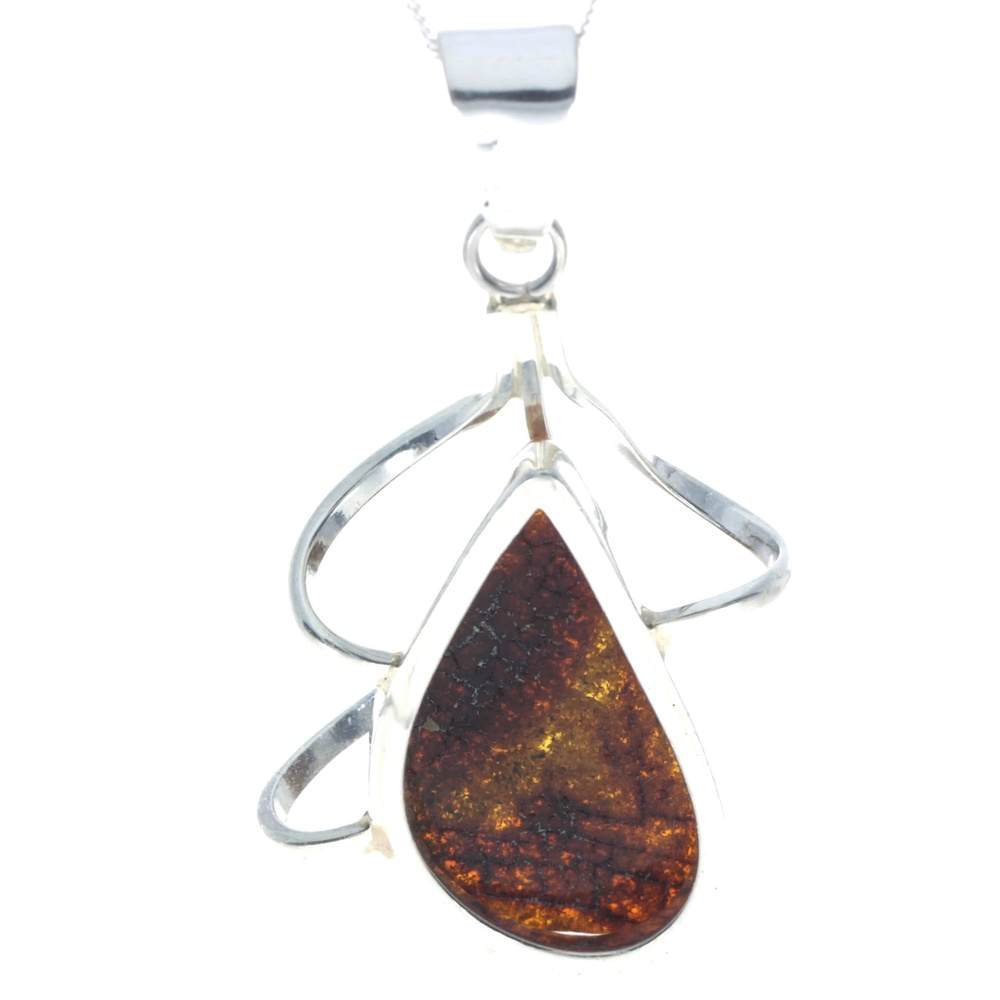 925 Sterling Silver & Genuine Green Baltic Amber Exlusive Unique Pendant - PD2301