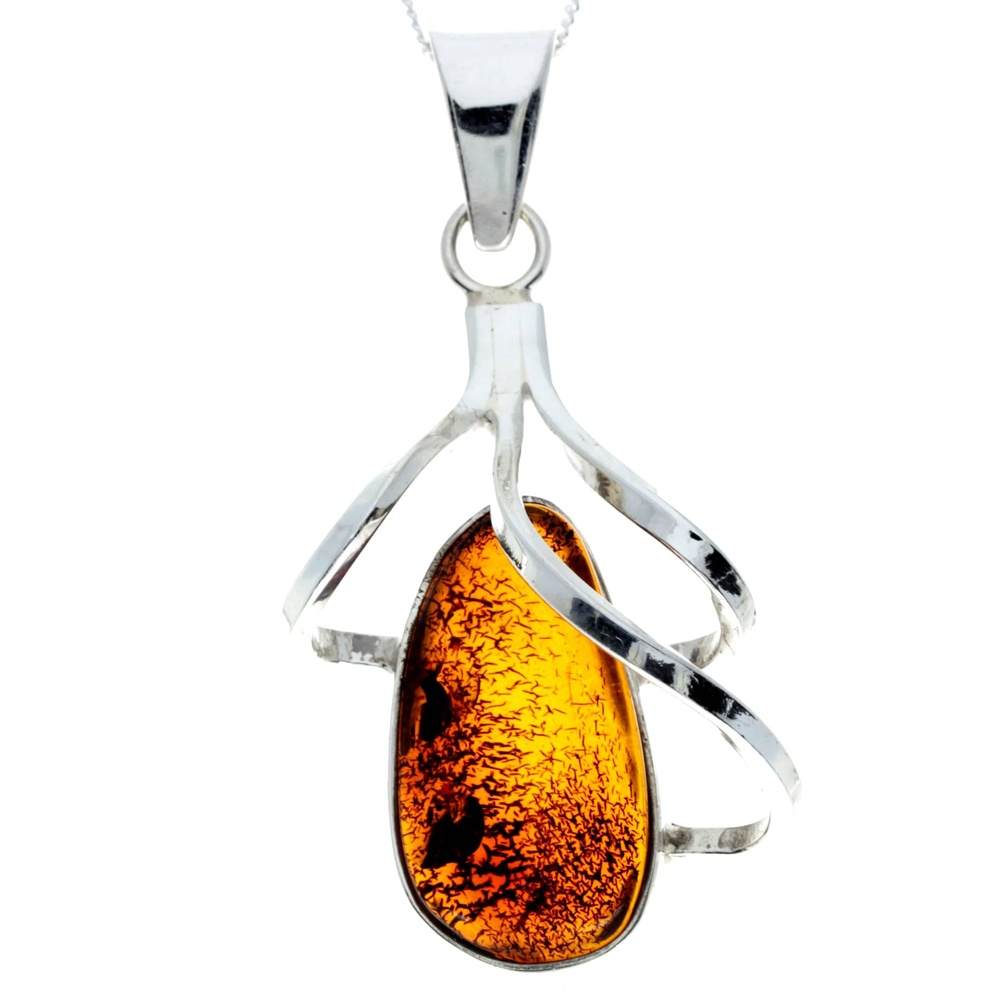 925 Sterling Silver & Genuine Cognac Baltic Amber Exlusive Unique Pendant - PD2308