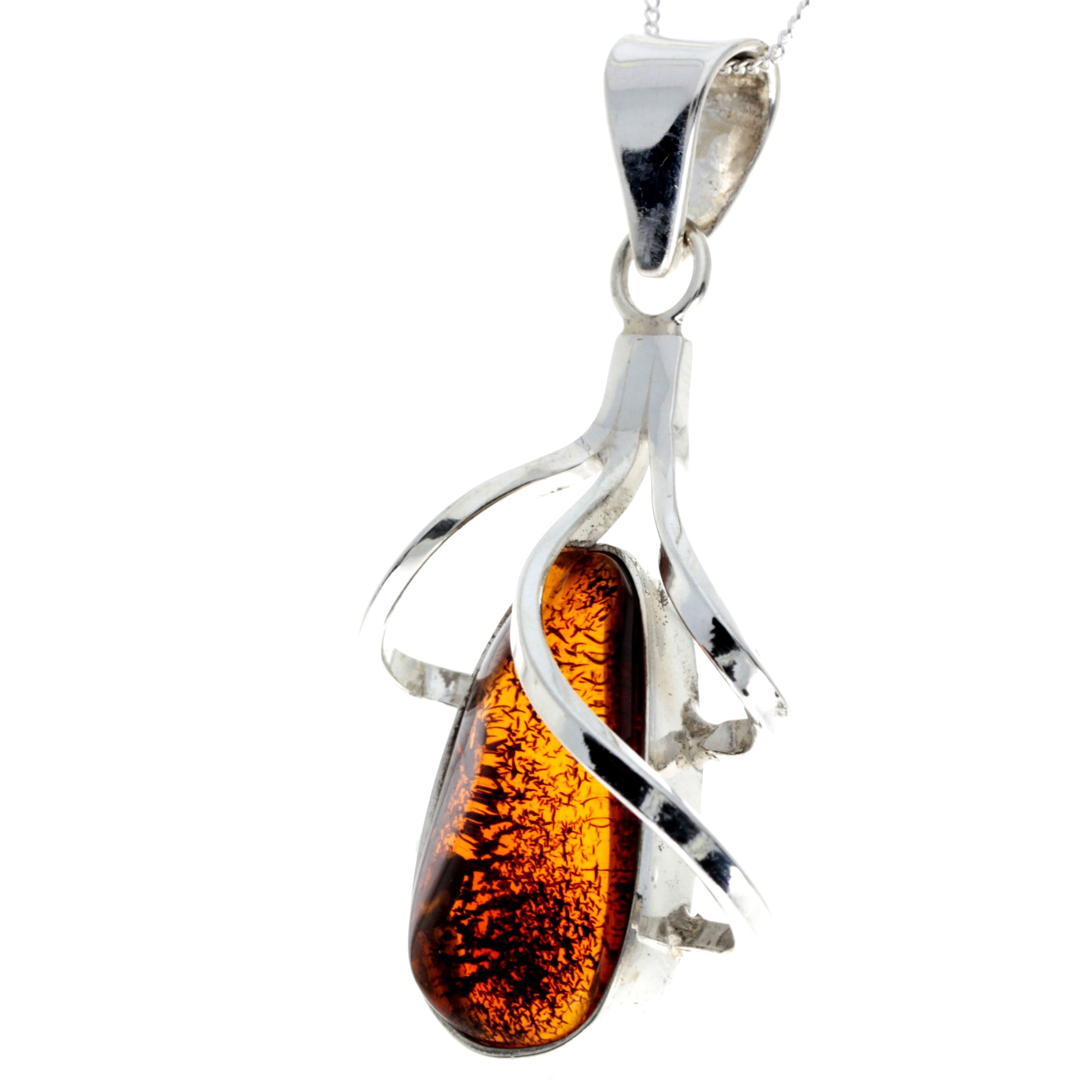 925 Sterling Silver & Genuine Cognac Baltic Amber Exlusive Unique Pendant - PD2308