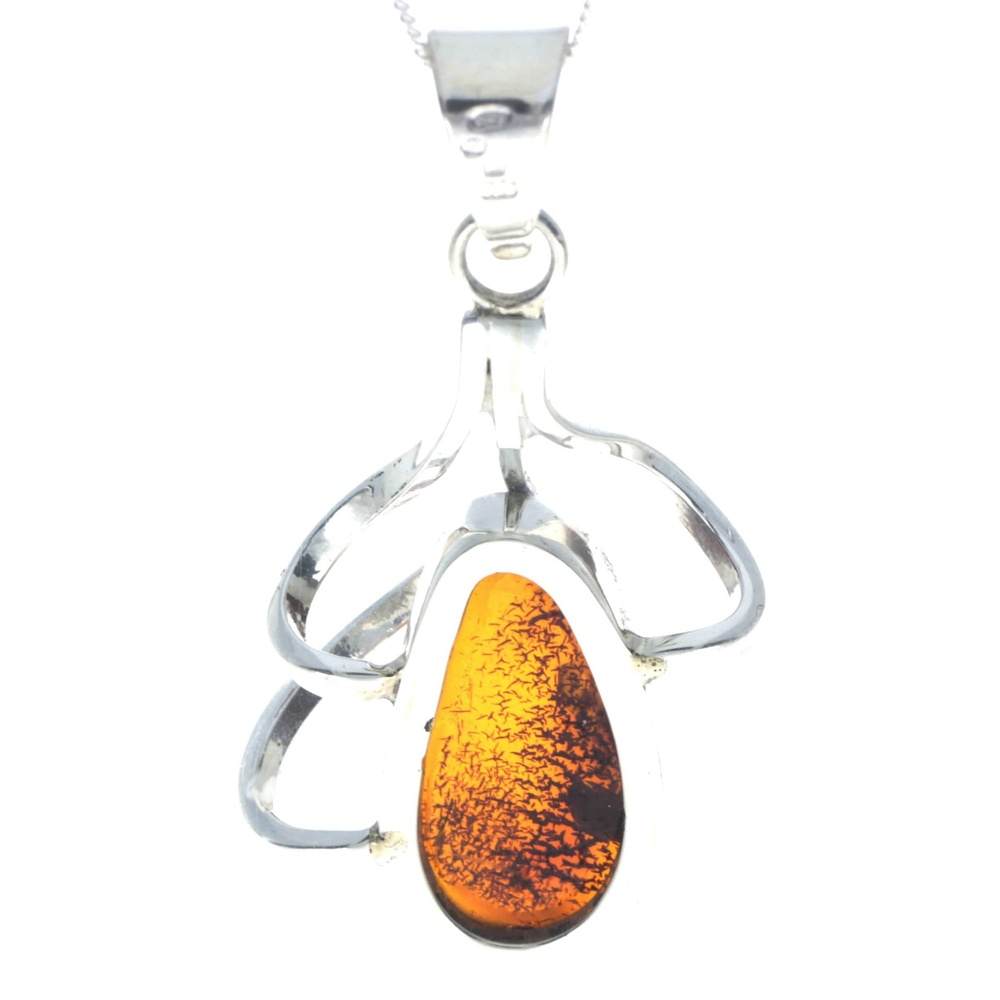 925 Sterling Silver & Genuine Cognac Baltic Amber Exlusive Unique Pendant - PD2308