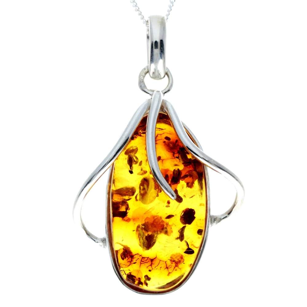 925 Sterling Silver & Genuine Cognac Baltic Amber Exlusive Unique Pendant - PD2309