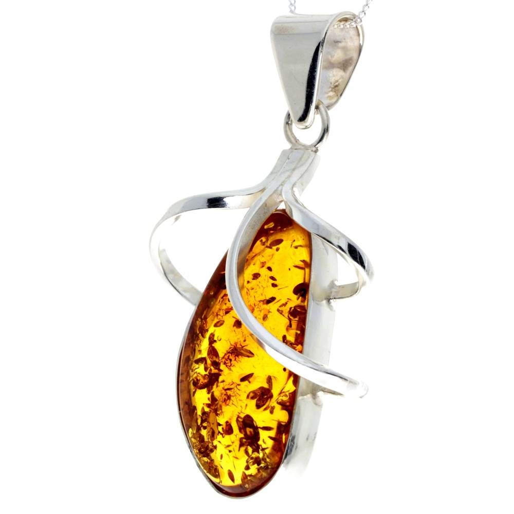 925 Sterling Silver & Genuine Cognac Baltic Amber Exlusive Unique Pendant - PD2310