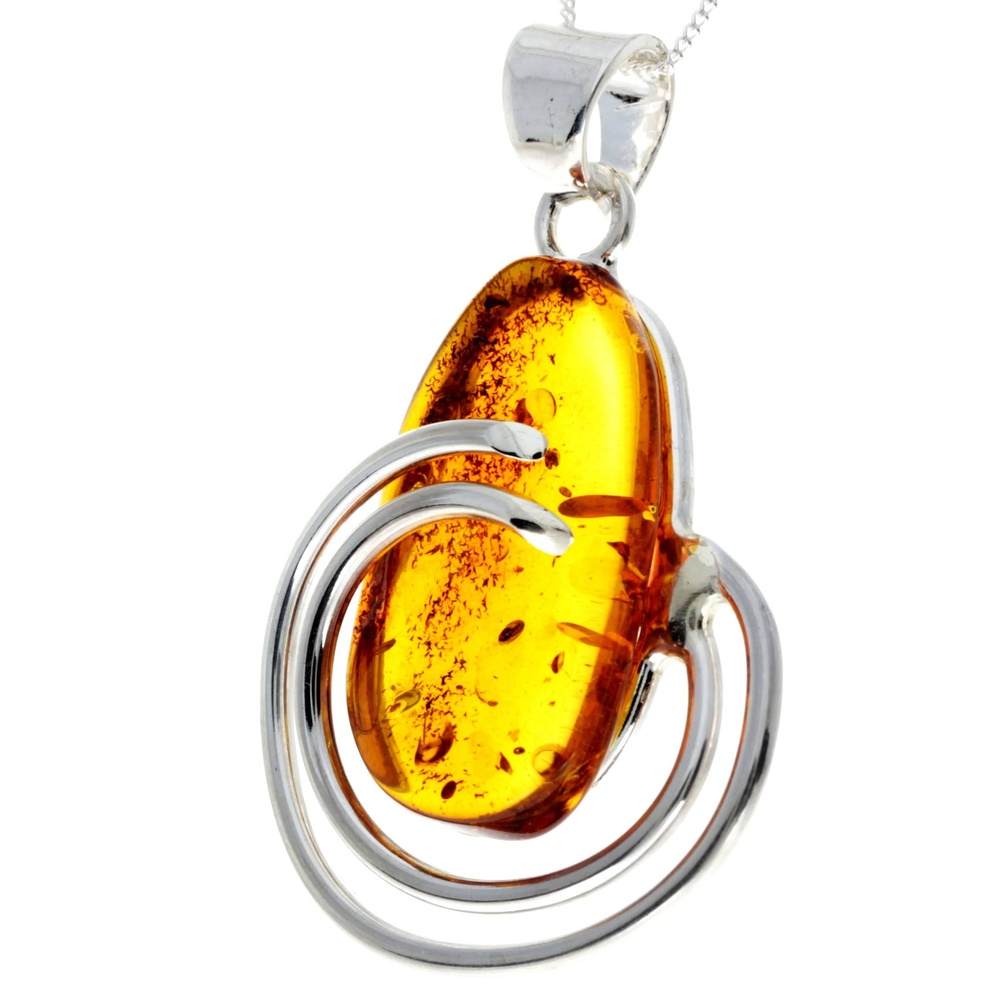 925 Sterling Silver & Genuine Cognac Baltic Amber Exlusive Unique Pendant - PD2320