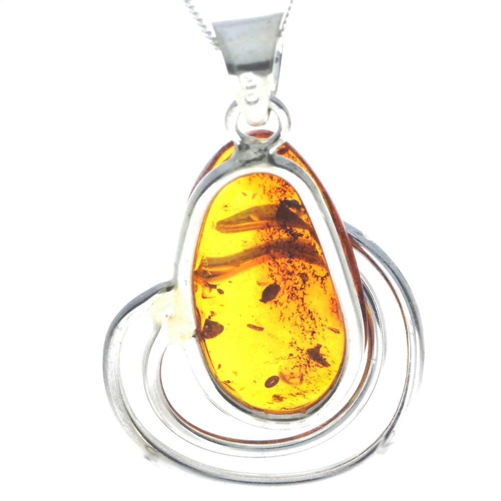 925 Sterling Silver & Genuine Cognac Baltic Amber Exlusive Unique Pendant - PD2320