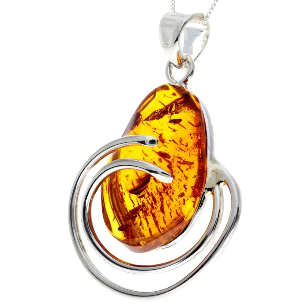 925 Sterling Silver & Genuine Cognac Baltic Amber Exlusive Unique Pendant - PD2321