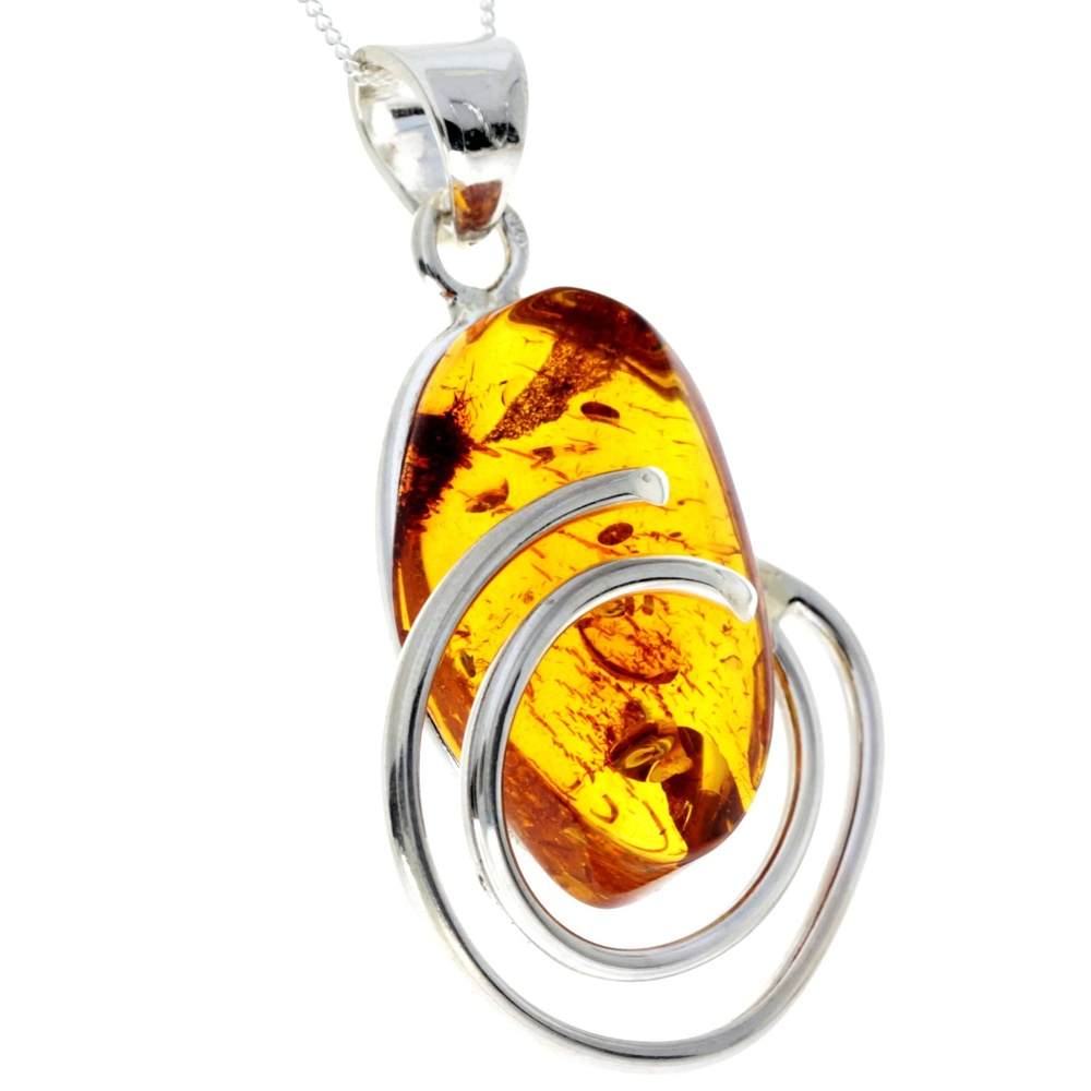 925 Sterling Silver & Genuine Cognac Baltic Amber Exlusive Unique Pendant - PD2321