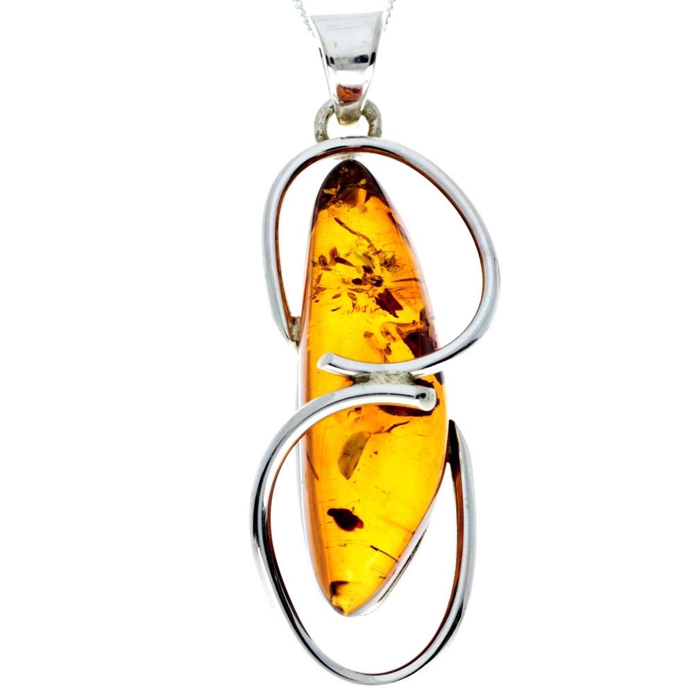 925 Sterling Silver & Genuine Cognac Baltic Amber Exlusive Unique Pendant - PD2325