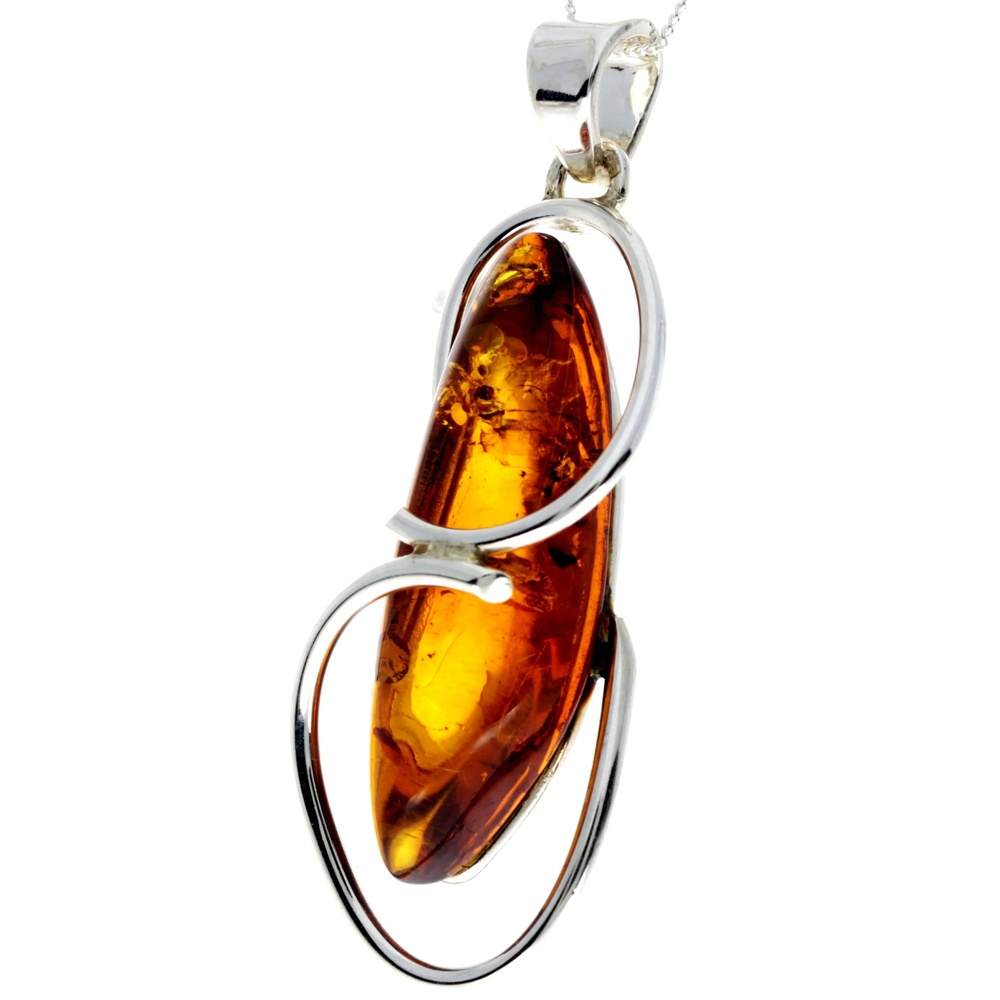 925 Sterling Silver & Genuine Cognac Baltic Amber Exlusive Unique Pendant - PD2325