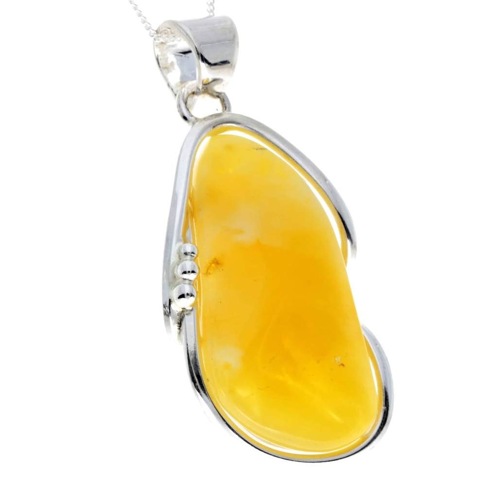 925 Sterling Silver & Genuine Lemon Baltic Amber Exlusive Unique Pendant - PD2329