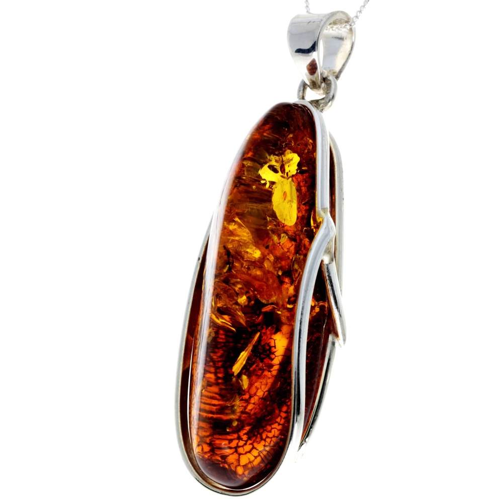 925 Sterling Silver & Genuine Cognac Baltic Amber Exlusive Unique Pendant - PD2337