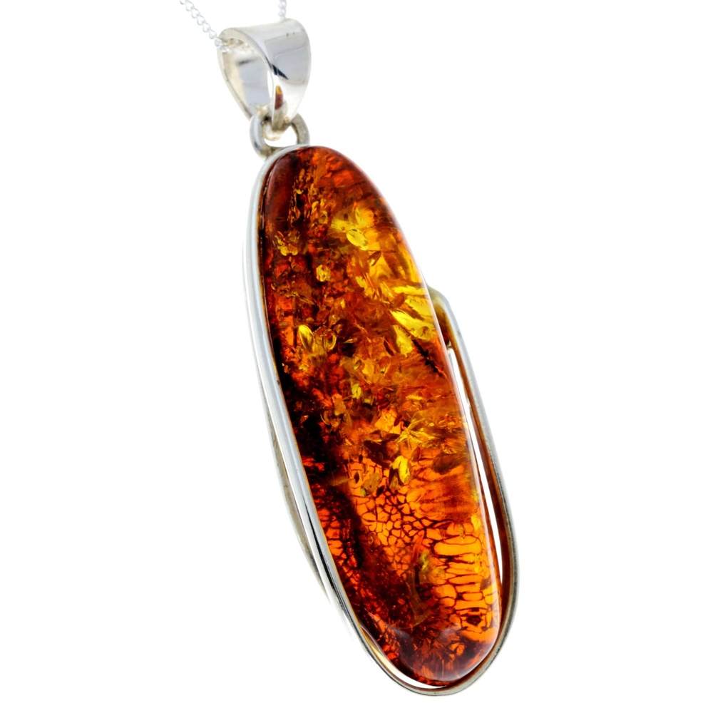 925 Sterling Silver & Genuine Cognac Baltic Amber Exlusive Unique Pendant - PD2337