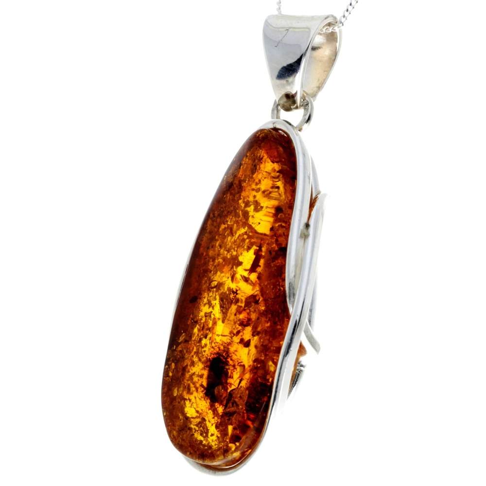 925 Sterling Silver & Genuine Cognac Baltic Amber Exlusive Unique Pendant - PD2341