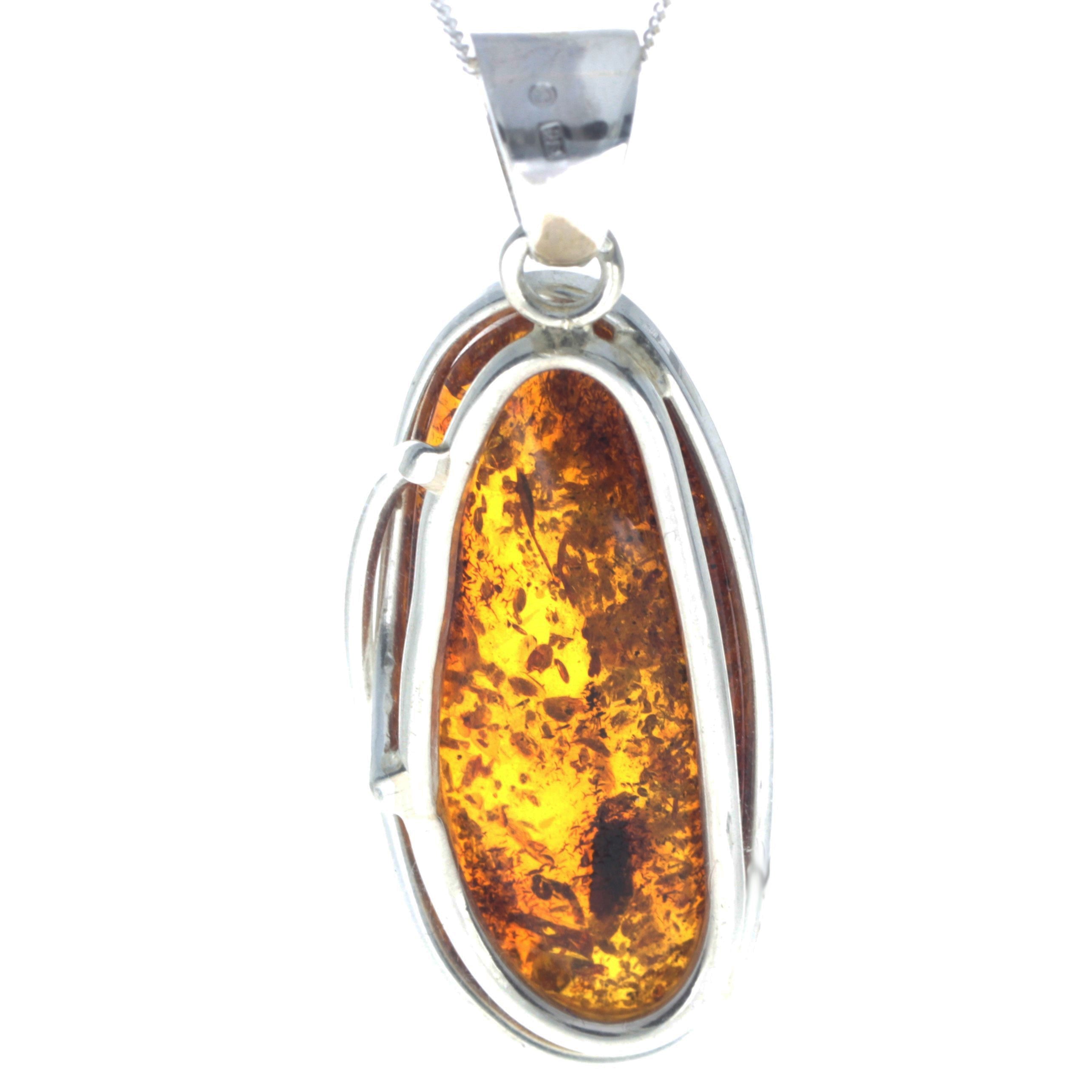 925 Sterling Silver & Genuine Cognac Baltic Amber Exlusive Unique Pendant - PD2341