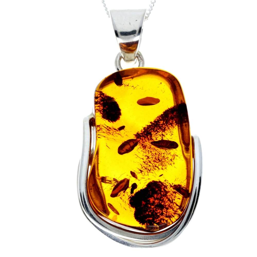 925 Sterling Silver & Genuine Cognac Baltic Amber Exlusive Unique Pendant - PD2343