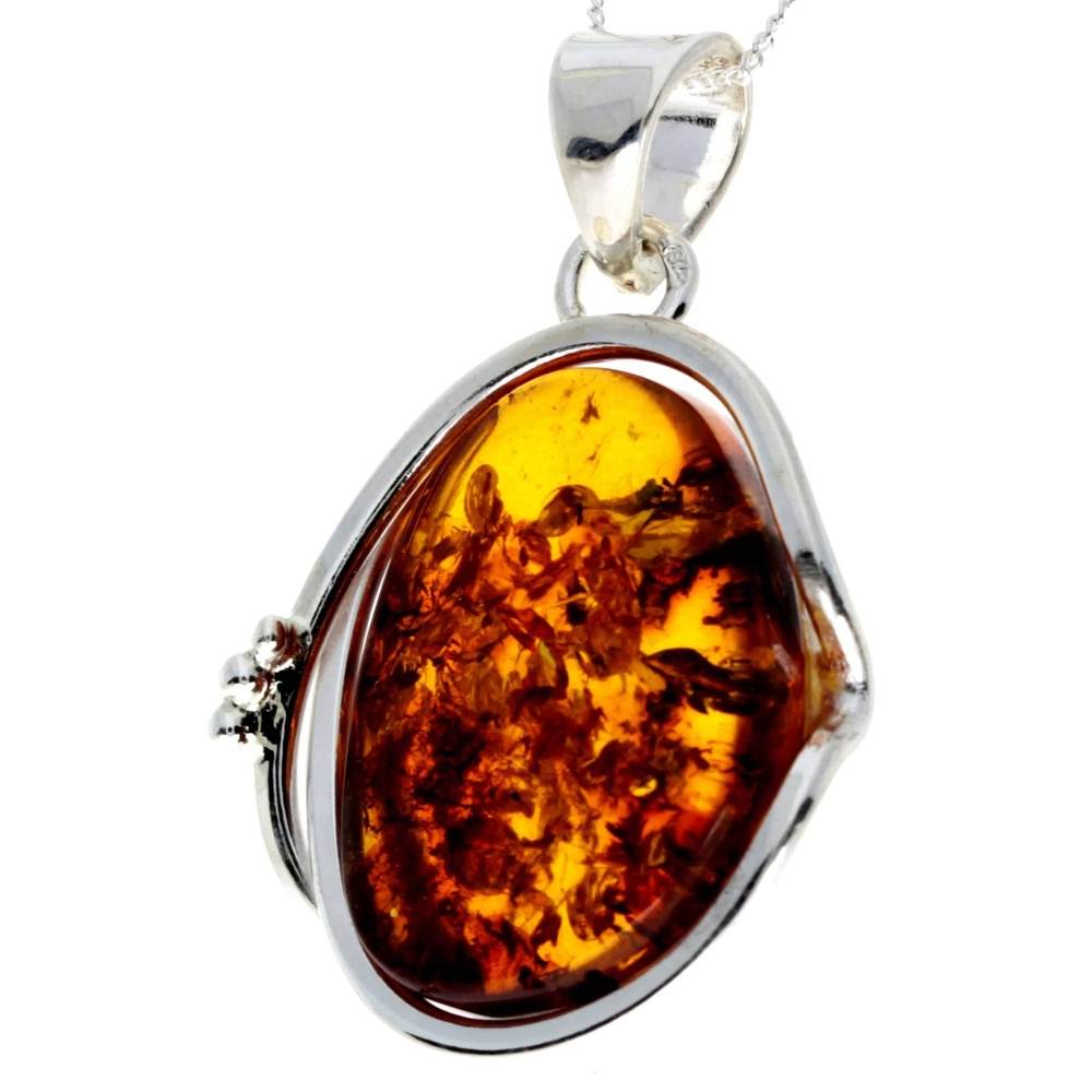 925 Sterling Silver & Genuine Cognac Baltic Amber Exlusive Unique Pendant - PD2348