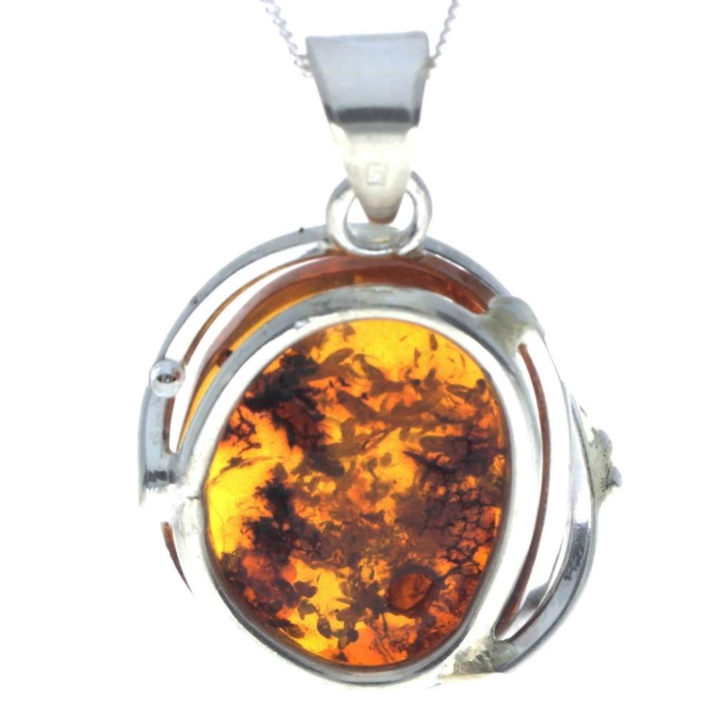 925 Sterling Silver & Genuine Cognac Baltic Amber Exlusive Unique Pendant - PD2348