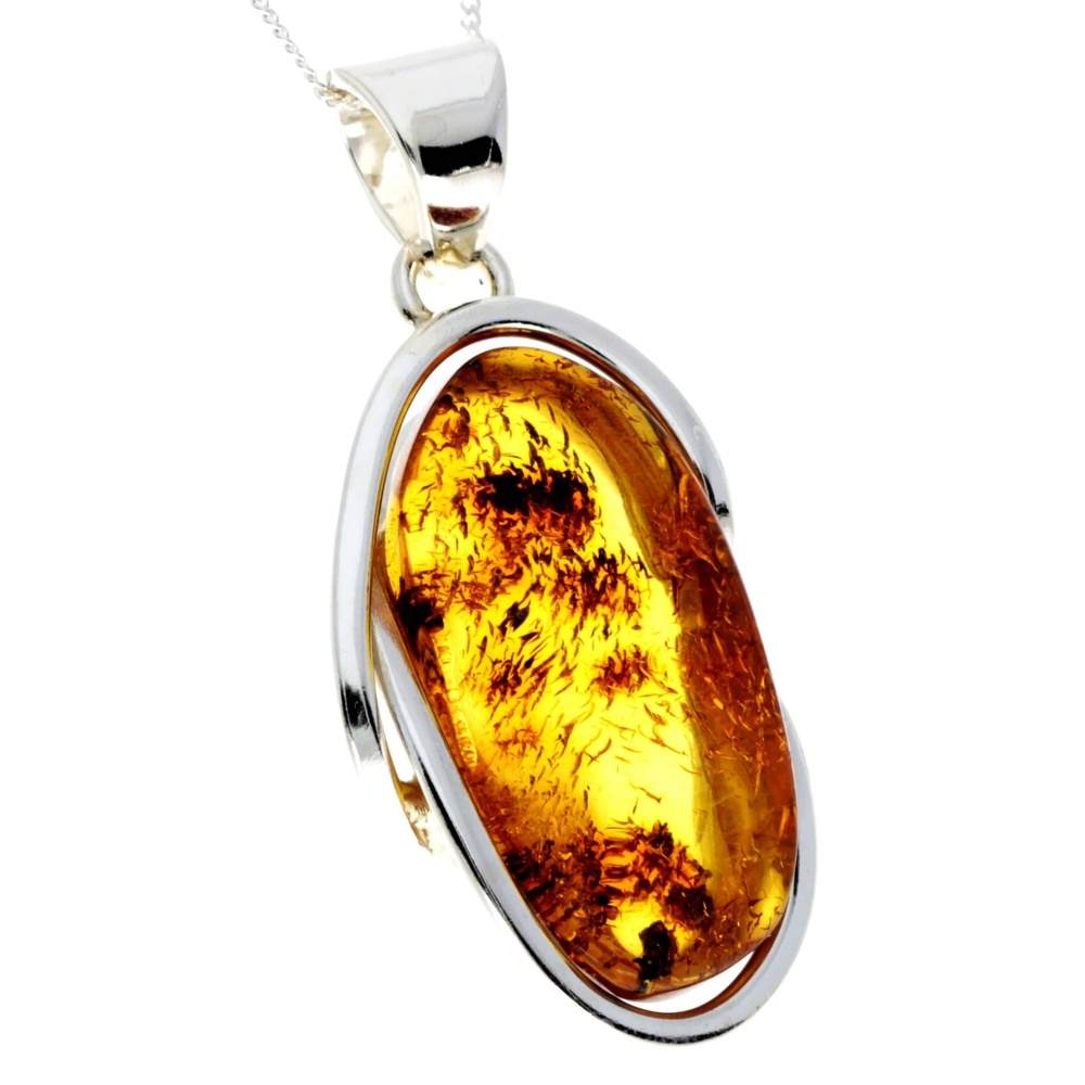 925 Sterling Silver & Genuine Cognac Baltic Amber Exlusive Unique Pendant - PD2352