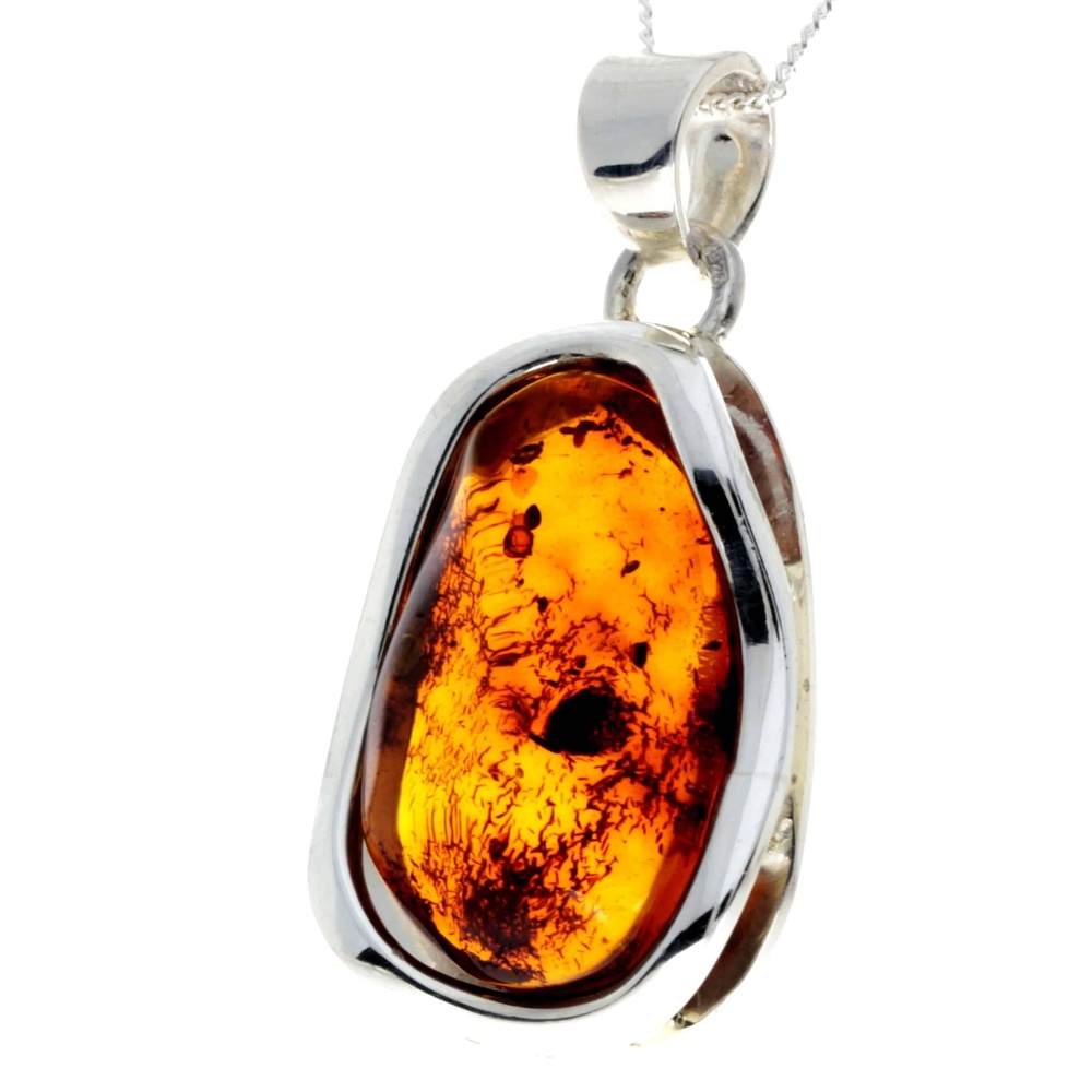 925 Sterling Silver & Genuine Cognac Baltic Amber Exlusive Unique Pendant - PD2355