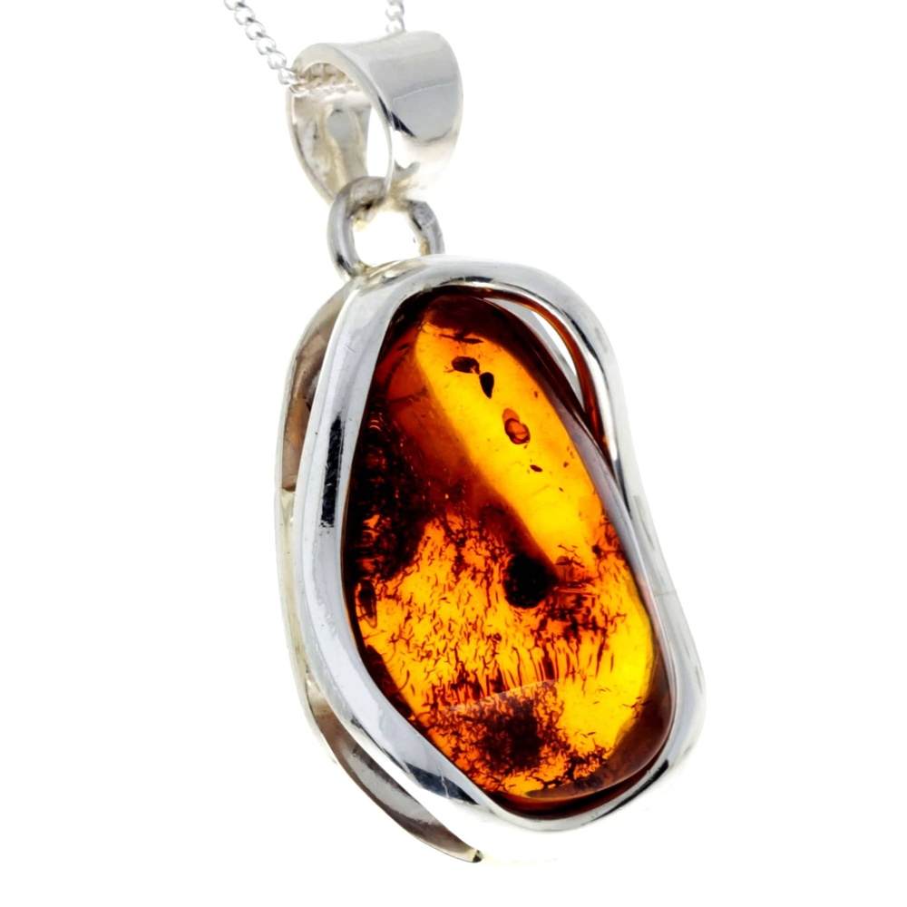 925 Sterling Silver & Genuine Cognac Baltic Amber Exlusive Unique Pendant - PD2355