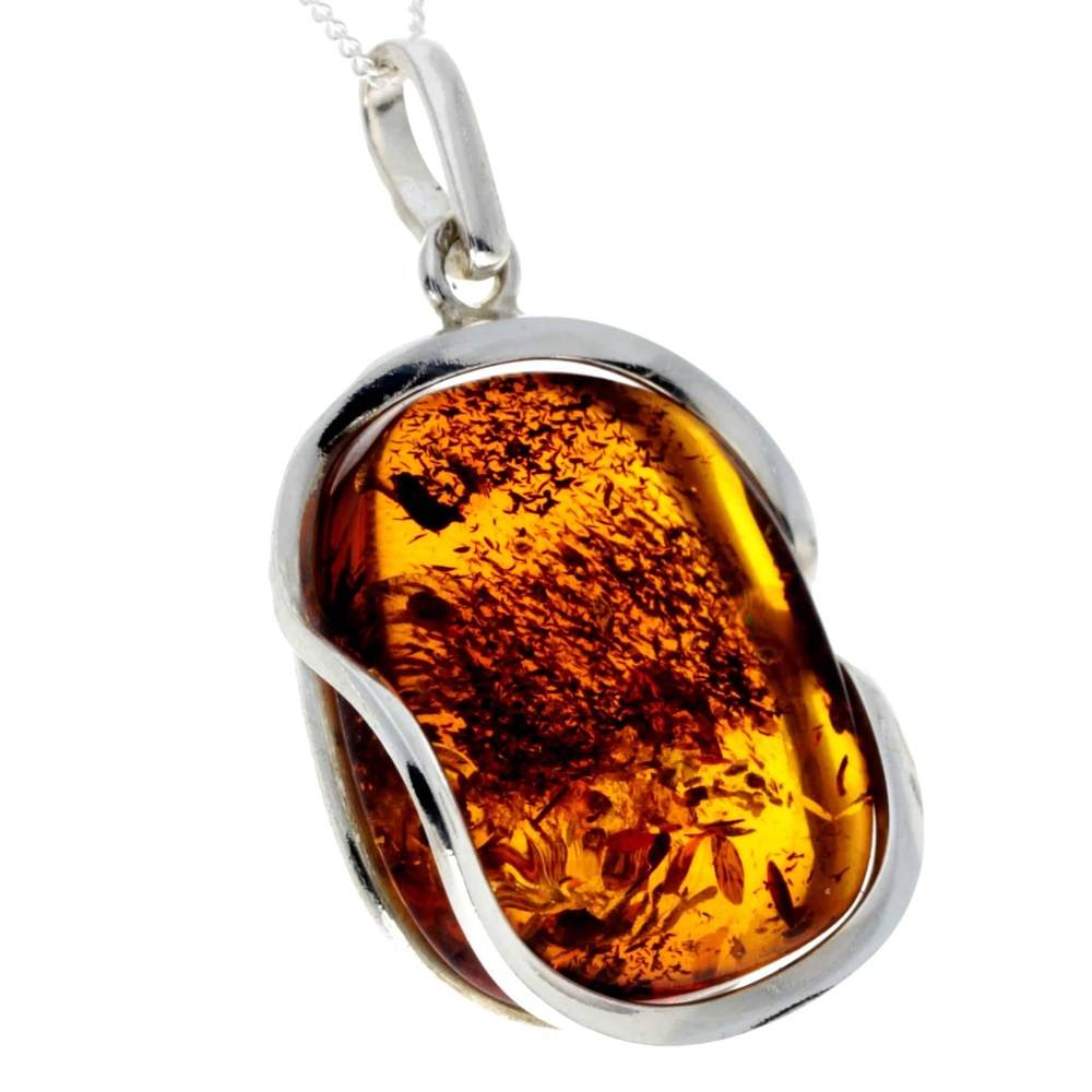 925 Sterling Silver & Genuine Cognac Baltic Amber Exlusive Unique Pendant - PD2357