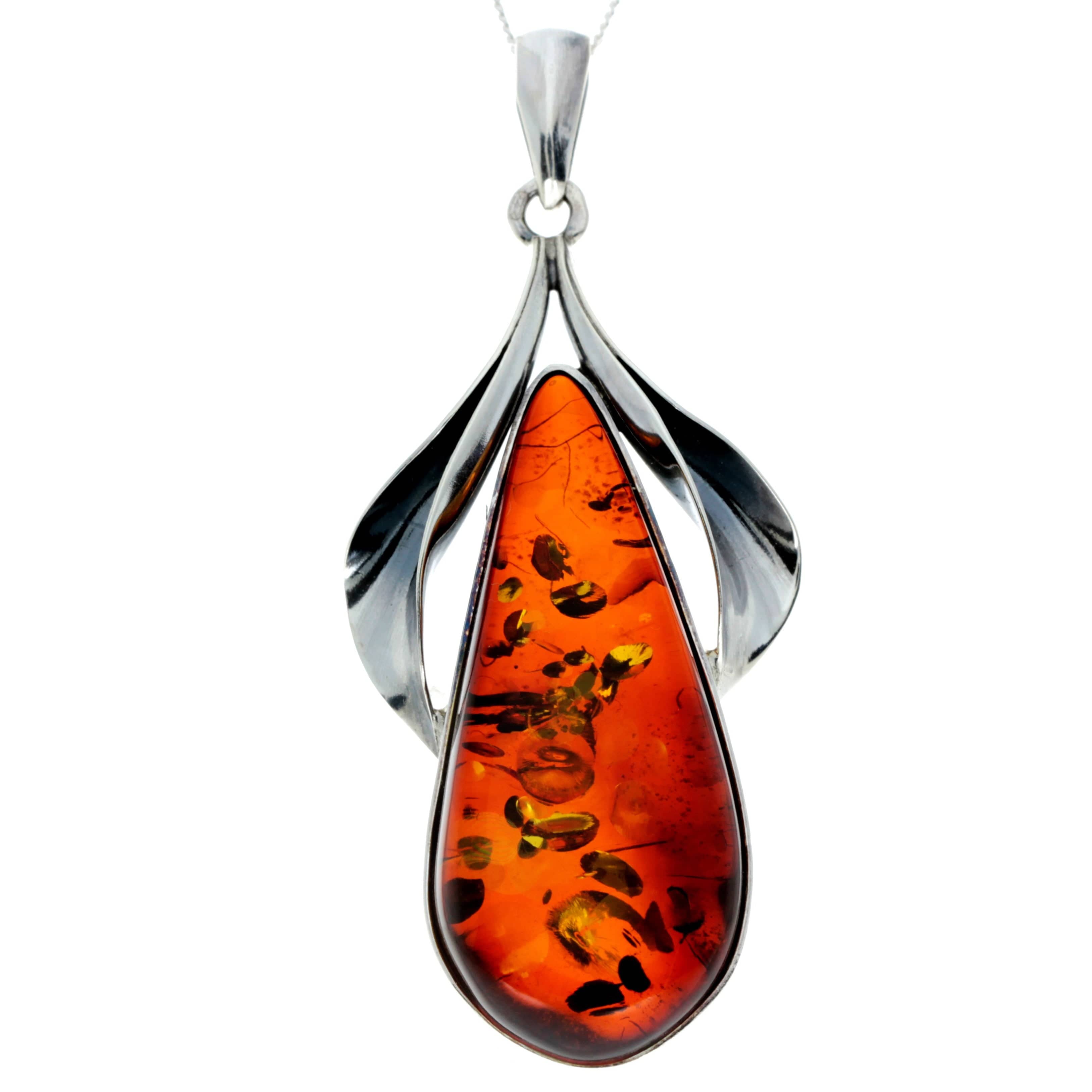 925 Sterling Silver & Genuine Cognac Baltic Amber Exlusive Unique Pendant - PD2362