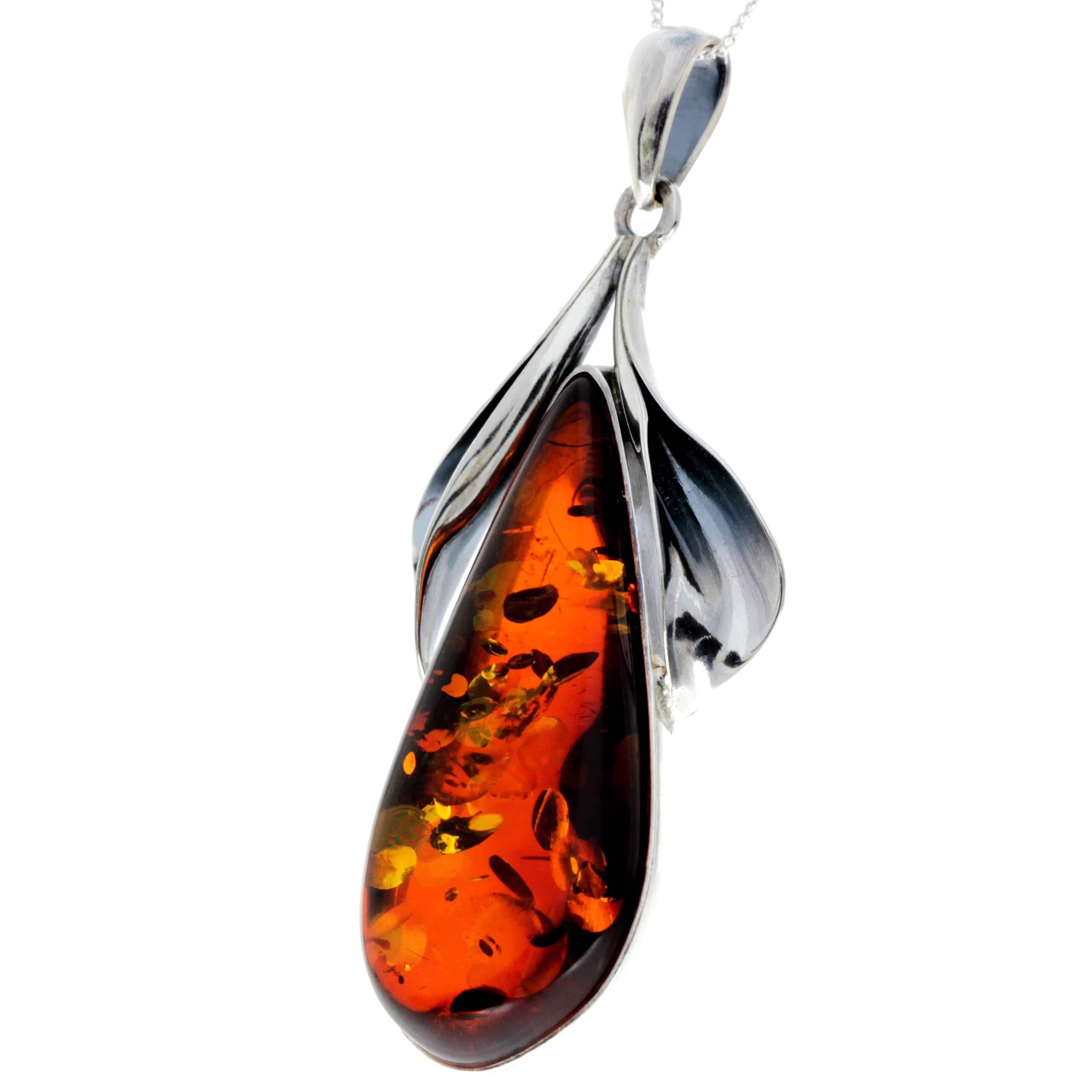 925 Sterling Silver & Genuine Cognac Baltic Amber Exlusive Unique Pendant - PD2362