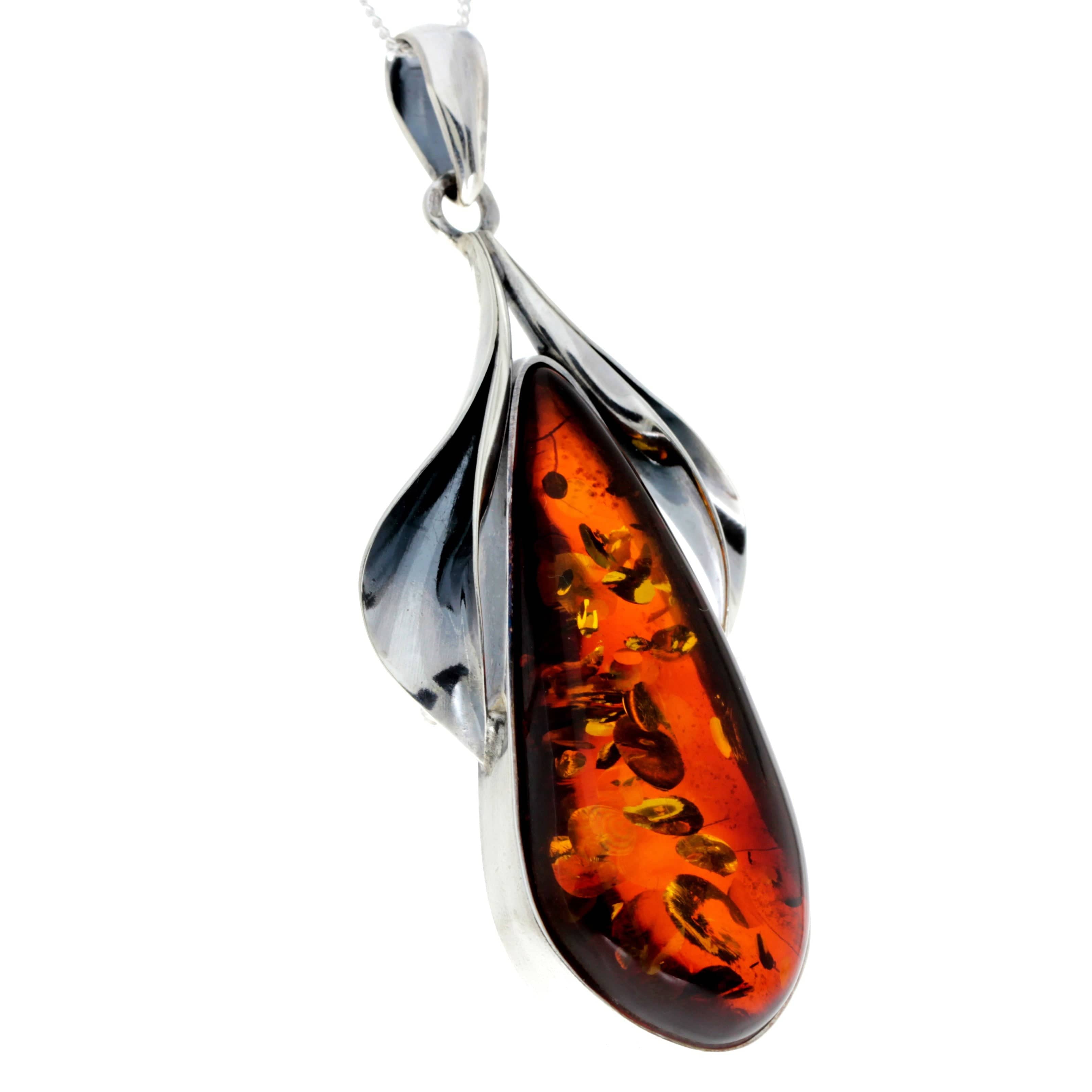 925 Sterling Silver & Genuine Cognac Baltic Amber Exlusive Unique Pendant - PD2362