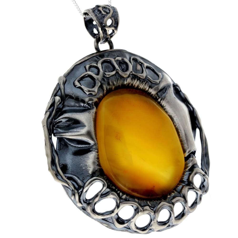 925 Sterling Silver & Genuine Lemon Baltic Amber Exlusive Unique Pendant - PD2363