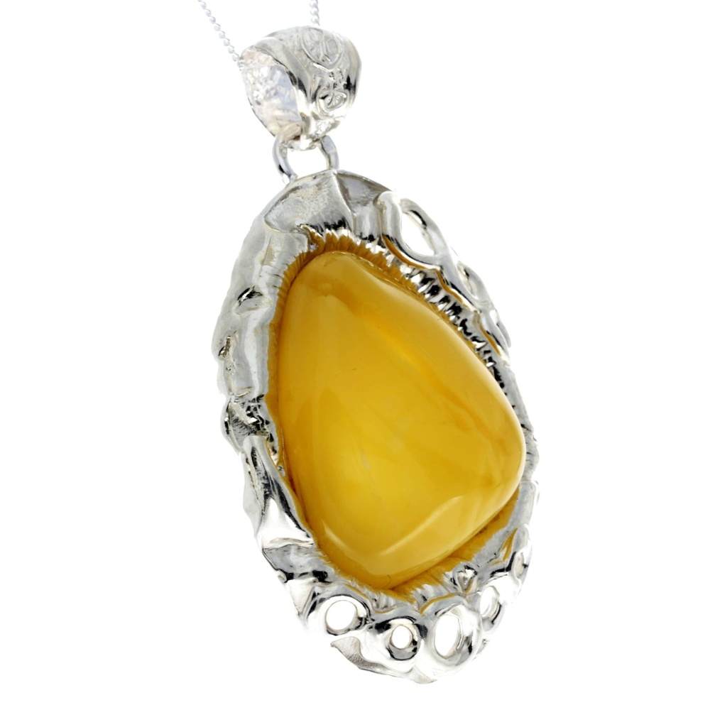 925 Sterling Silver & Genuine Lemon Baltic Amber Exlusive Unique Pendant - PD2364