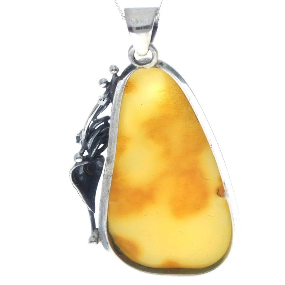 925 Sterling Silver & Genuine Lemon Baltic Amber Exlusive Unique Pendant - PD2369