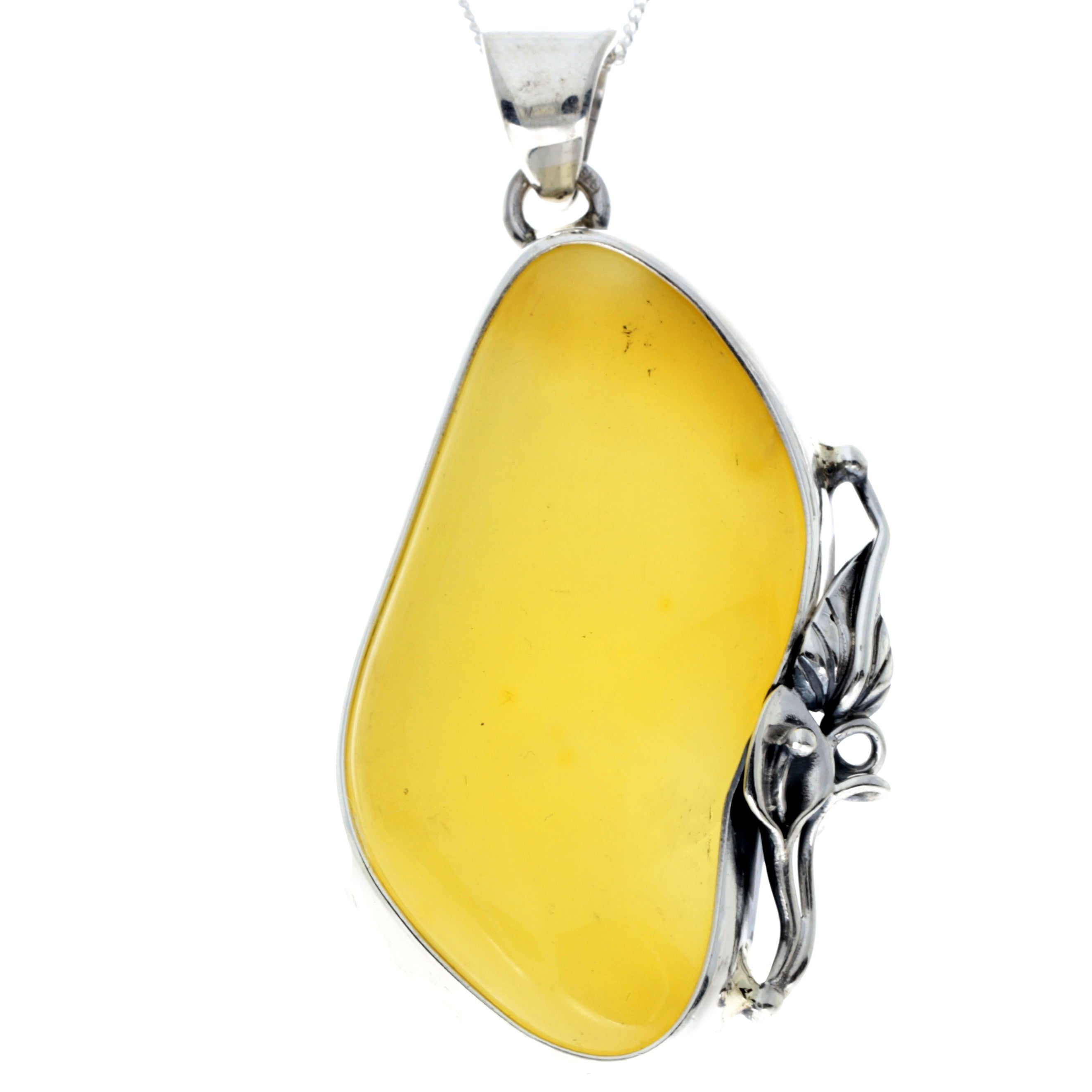 925 Sterling Silver & Genuine Lemon Baltic Amber Exlusive Unique Pendant - PD2370