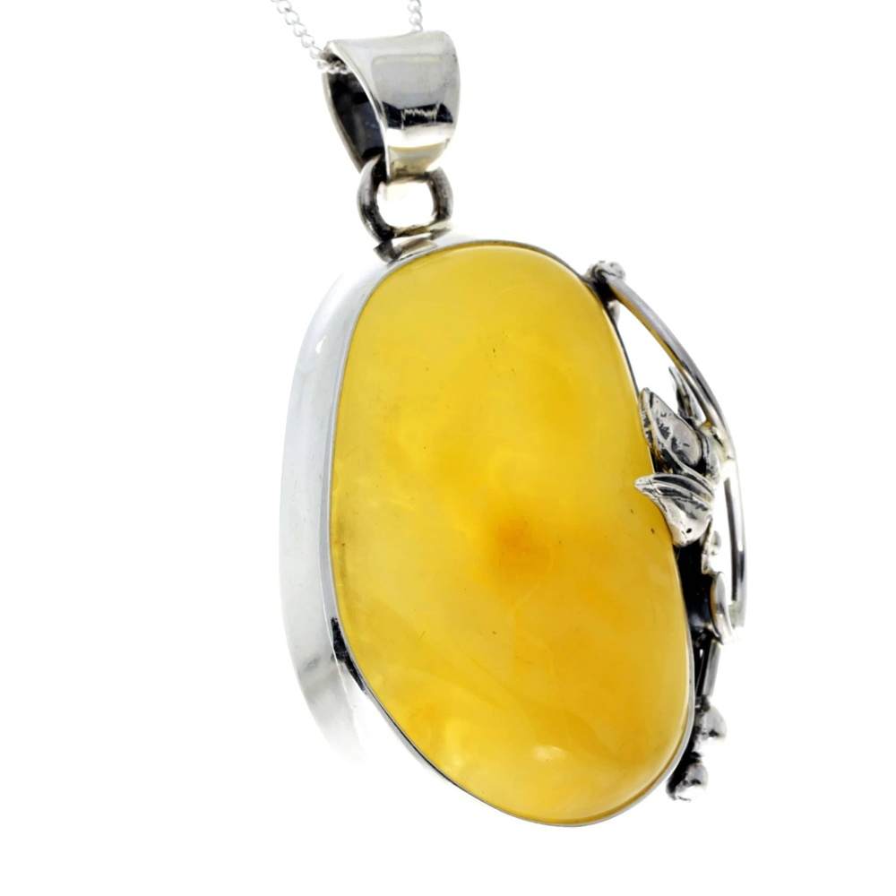 925 Sterling Silver & Genuine Lemon Baltic Amber Exlusive Unique Pendant - PD2371